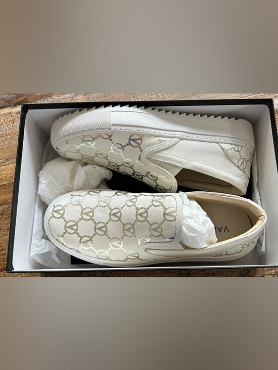 Mario Valentino Shoes - Mario Valentino White Slip-On Sneakers with Gold Monogram